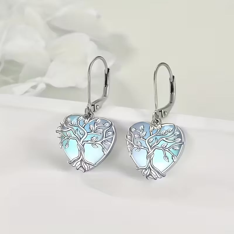 Tree of Life Heart Drop Earrings - Light Blue Crystal