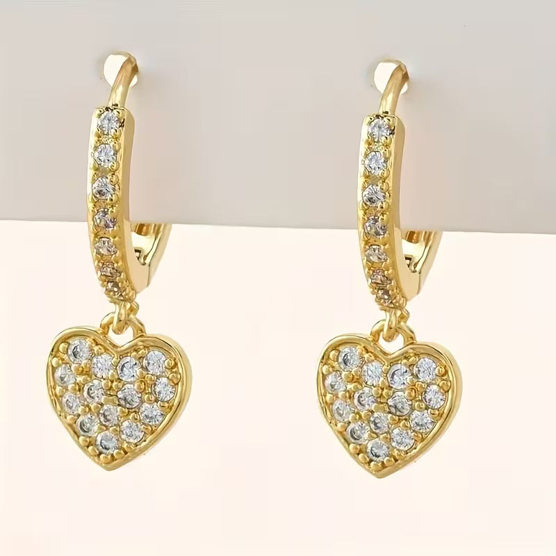 Crystal Heart Charm Gold Hoop Earrings