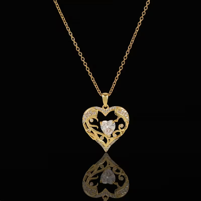 Ornate Crystal Heart Gold Pendant Necklace