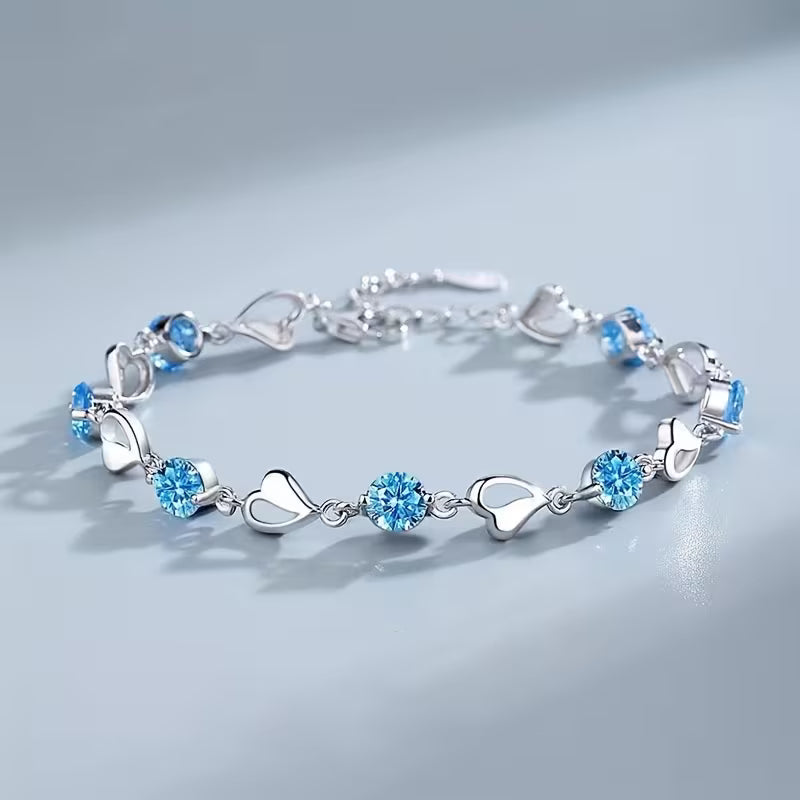 Blue Crystal Hearts Silver Link Bracelet