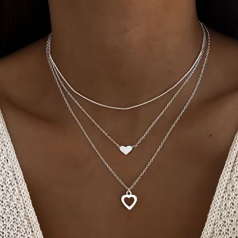Three Layered Silver Heart Necklace Set