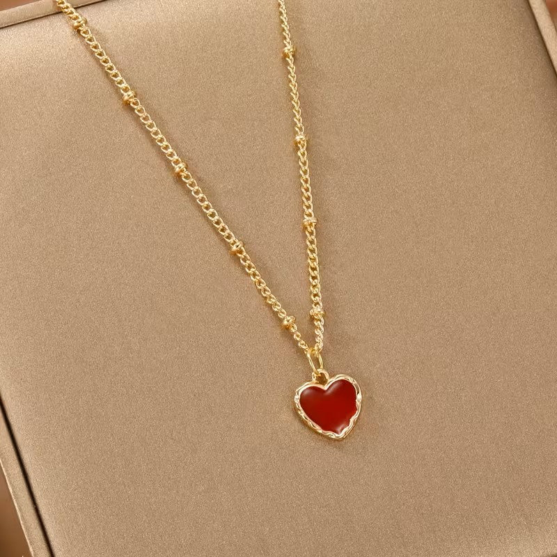 Red Enamel Heart Gold Chain Necklace