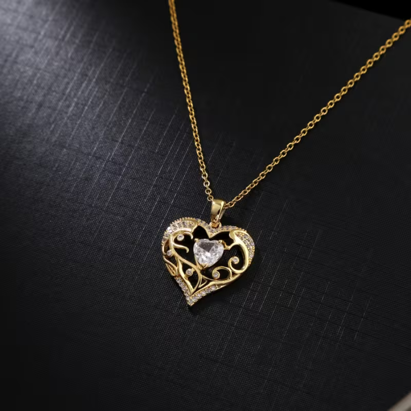 Ornate Crystal Heart Gold Pendant Necklace
