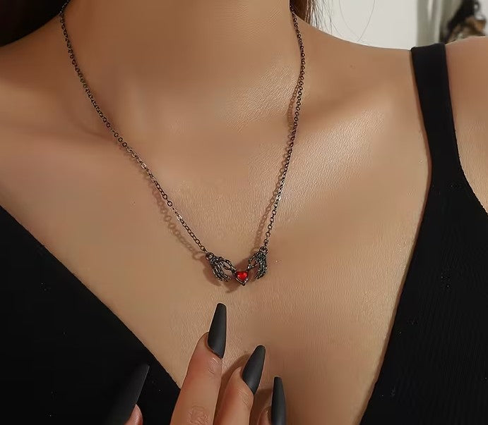 Gothic Skeleton Hands Heart Pendant Necklace