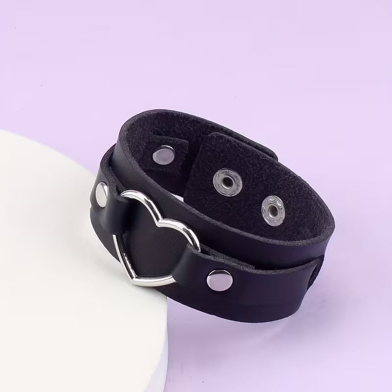 Black Leather Heart Cuff Bracelet