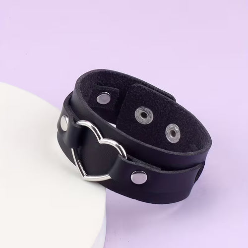 Black Leather Heart Cuff Bracelet