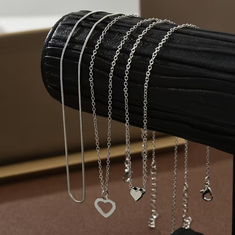 Three Layered Silver Heart Necklace Set