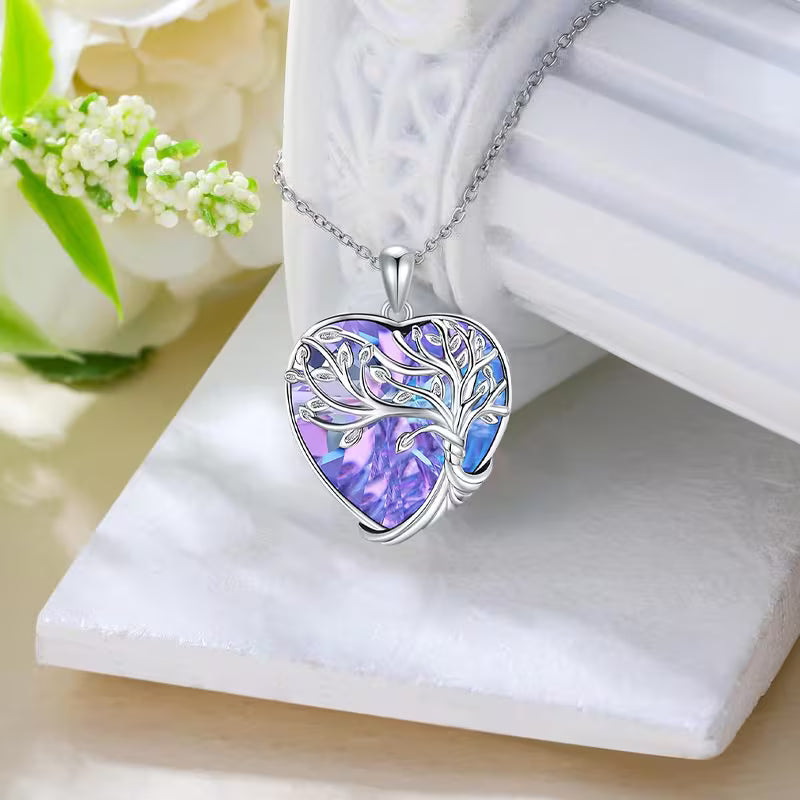 Tree of Life Heart Pendant Necklace - Purple Crystal