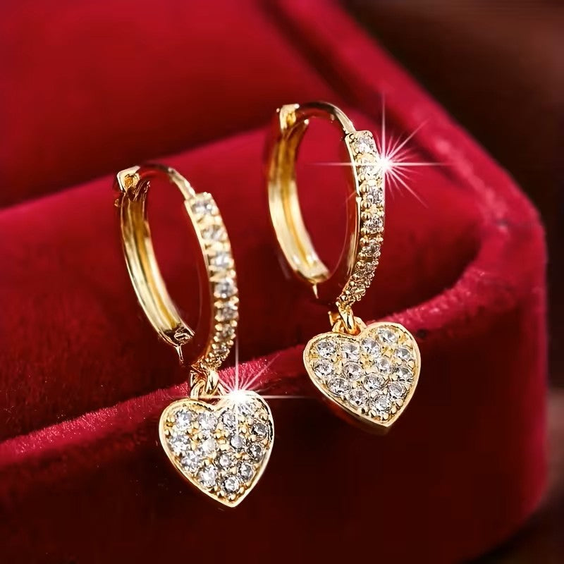 Crystal Heart Charm Gold Hoop Earrings