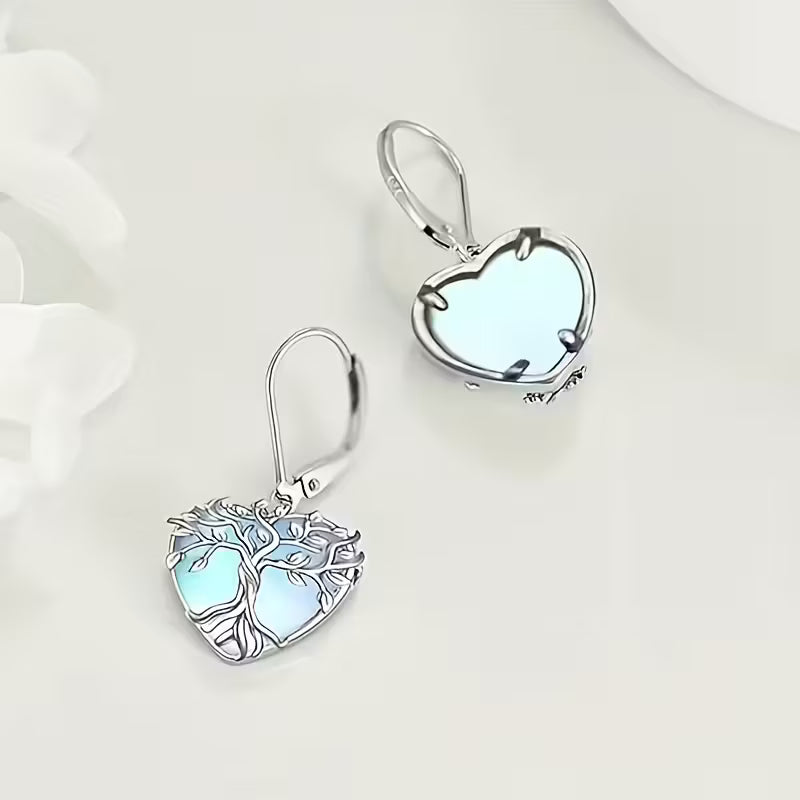 Tree of Life Heart Drop Earrings - Light Blue Crystal