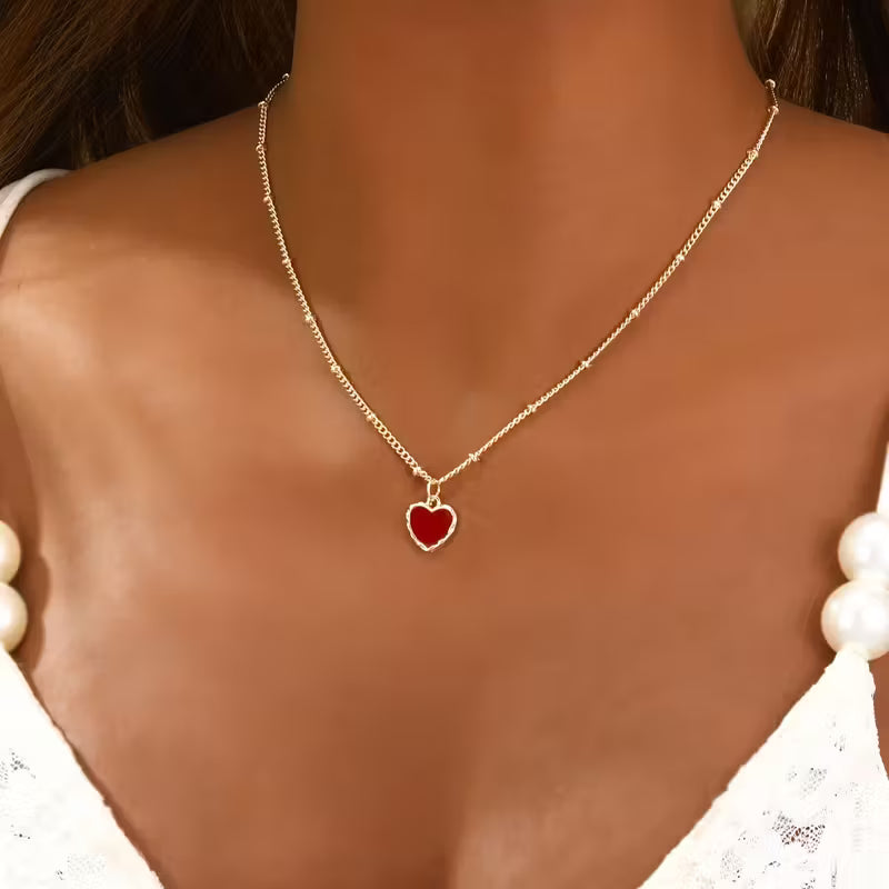 Red Enamel Heart Gold Chain Necklace