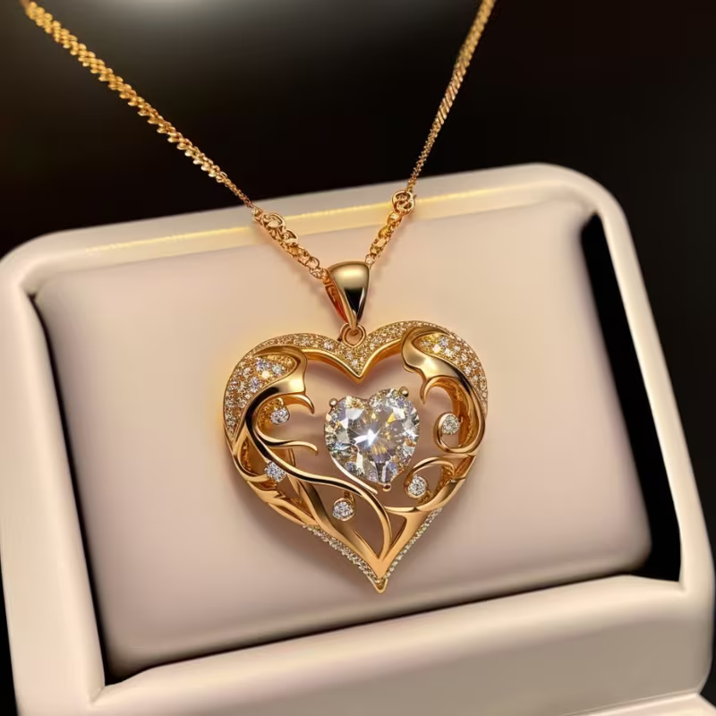 Ornate Crystal Heart Gold Pendant Necklace