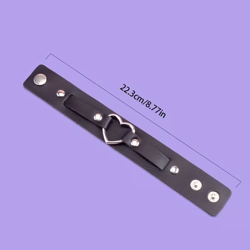 Black Leather Heart Cuff Bracelet