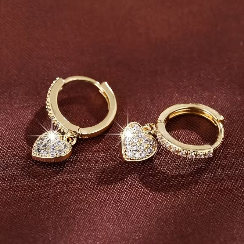 Crystal Heart Charm Gold Hoop Earrings