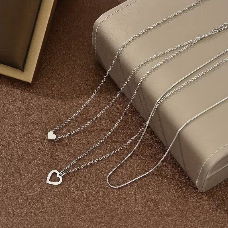 Three Layered Silver Heart Necklace Set