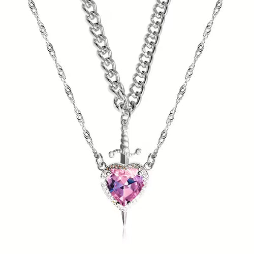 Dual Chain Heart & Sword Crystal Pendant Necklace