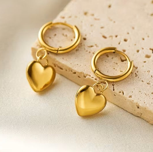 Polished Gold Heart Charm Necklace & Earring Set
