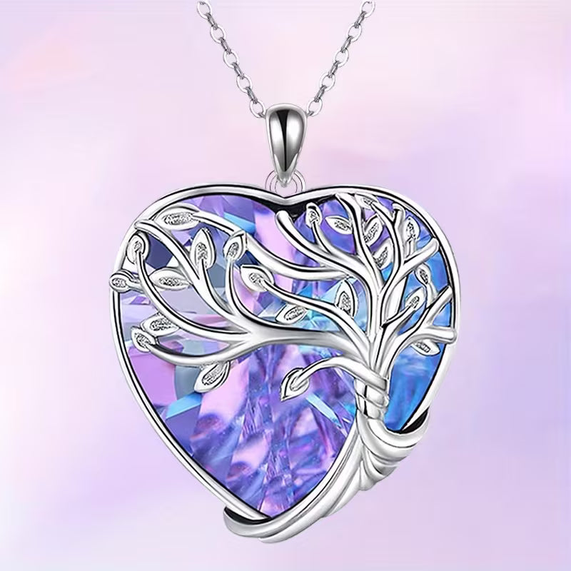 Tree of Life Heart Pendant Necklace - Purple Crystal