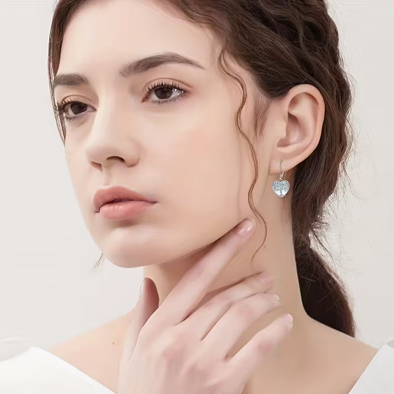 Tree of Life Heart Drop Earrings - Light Blue Crystal