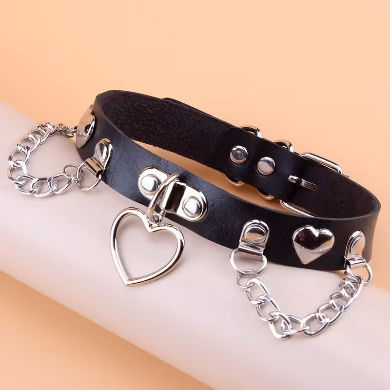 Leather Heart Charm Choker Collar