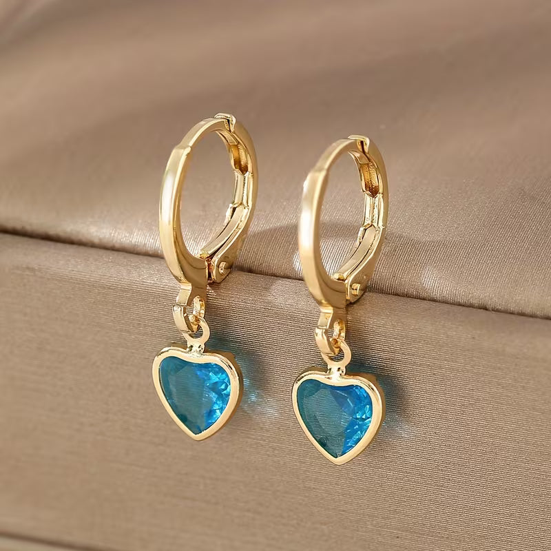 Crystal Heart Charm Gold Hoop Earrings