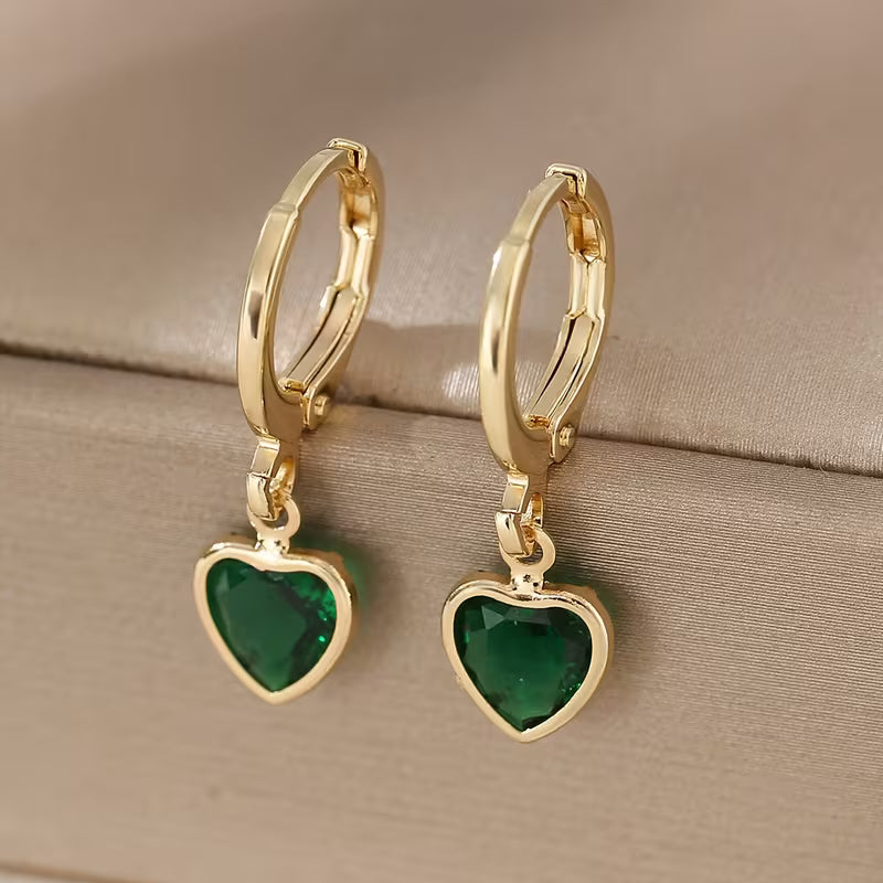 Crystal Heart Charm Gold Hoop Earrings