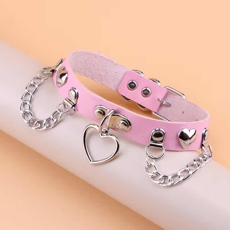 Leather Heart Charm Choker Collar