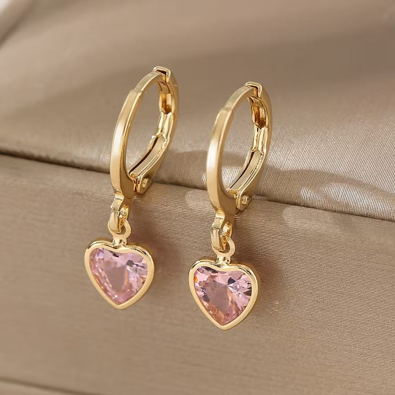 Crystal Heart Charm Gold Hoop Earrings