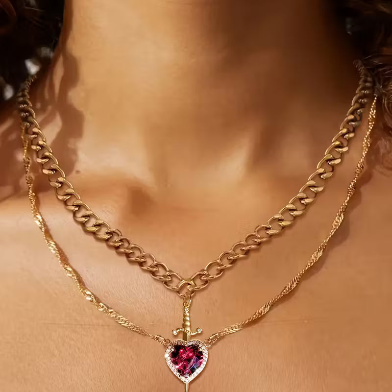 Dual Chain Heart & Sword Crystal Pendant Necklace