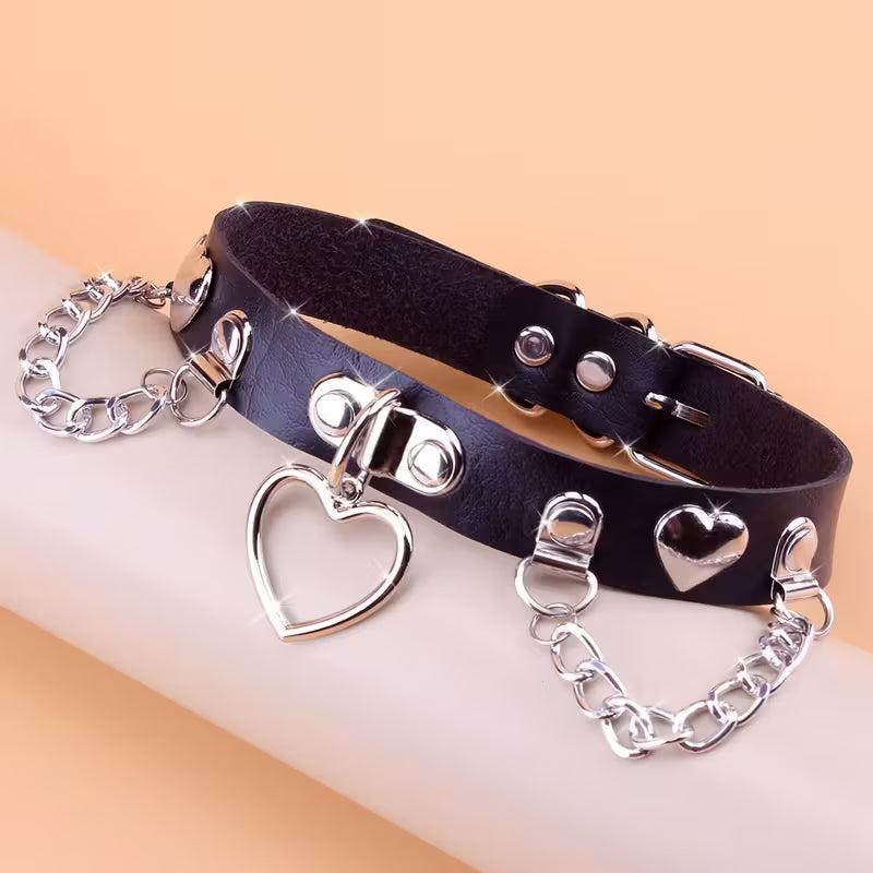 Leather Heart Charm Choker Collar