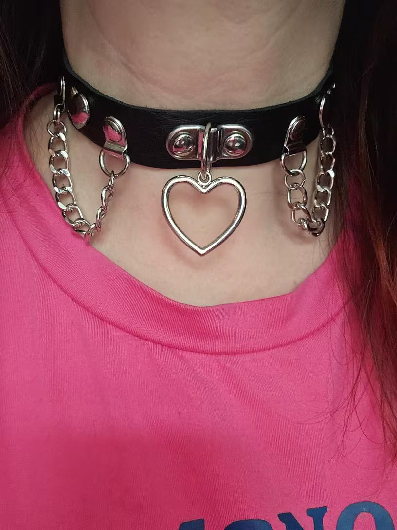 Leather Heart Charm Choker Collar