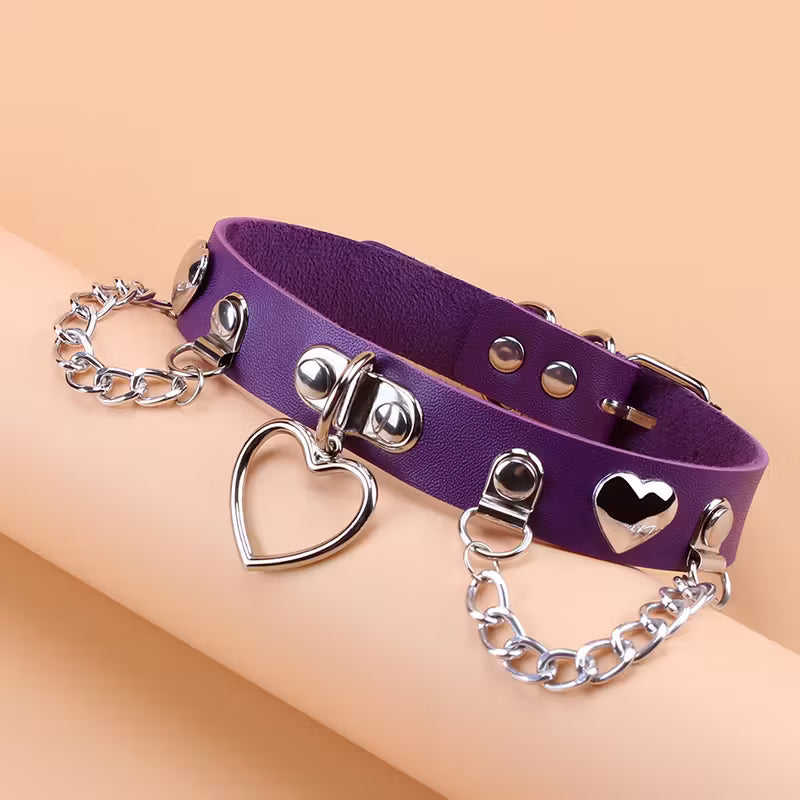 Leather Heart Charm Choker Collar