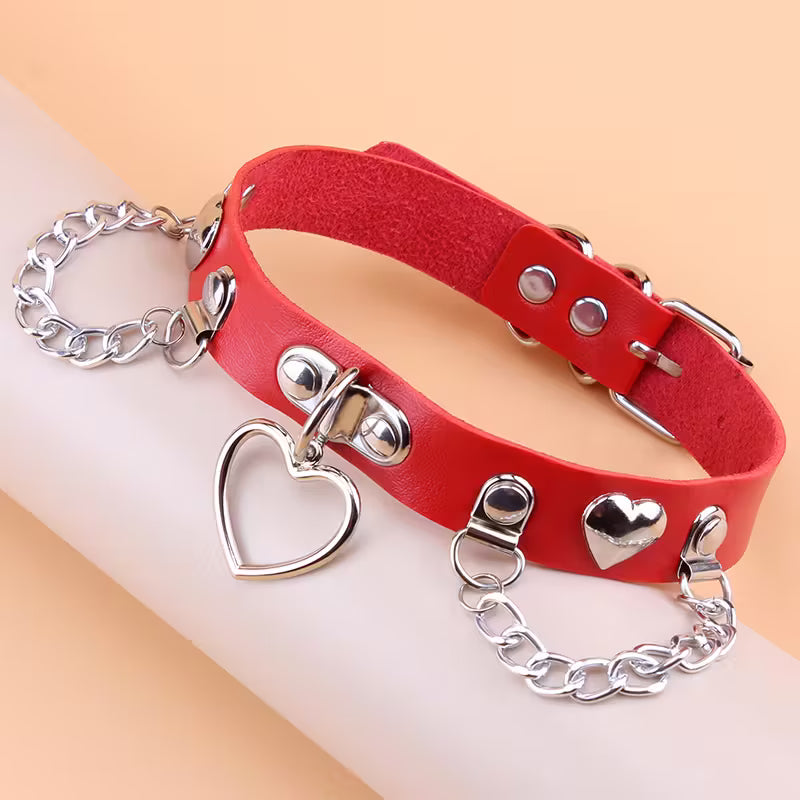 Leather Heart Charm Choker Collar