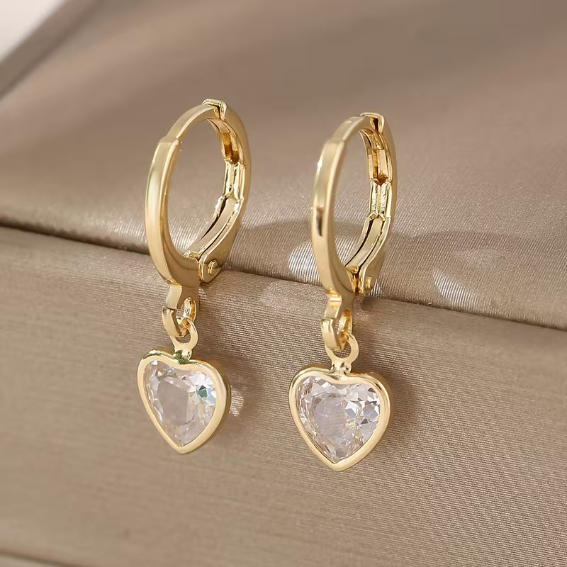 Crystal Heart Charm Gold Hoop Earrings