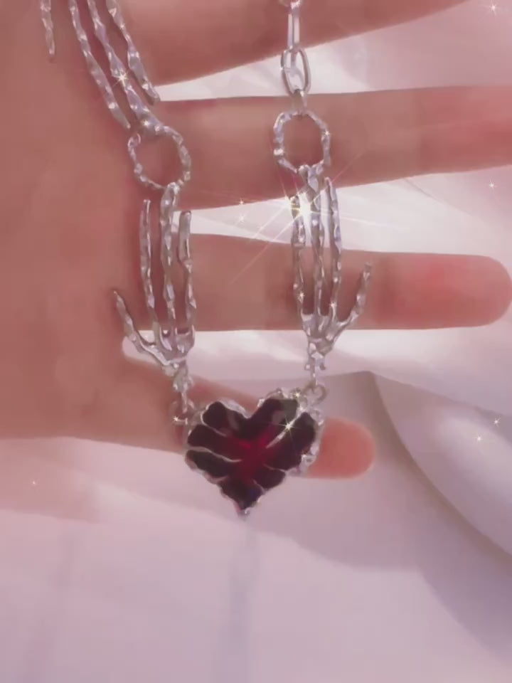Skeletal Branches Red Heart Hand Harness Necklace