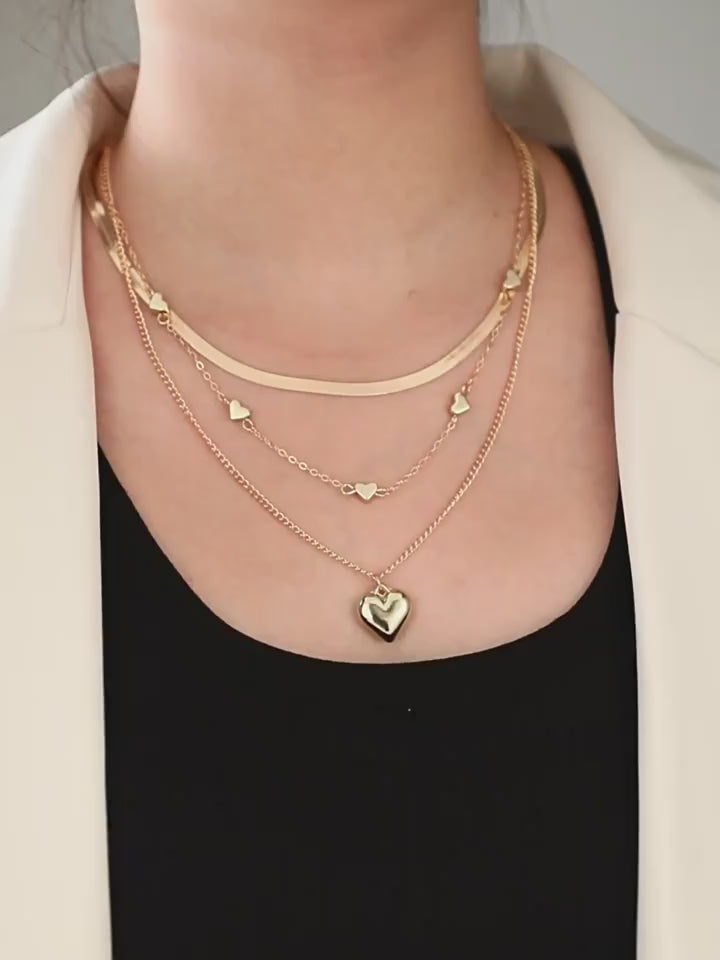 Layered Gold Heart Necklace Set - 3 Pieces